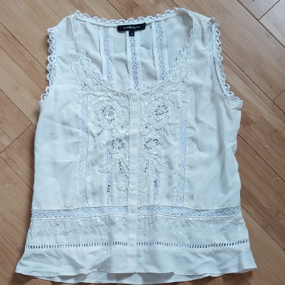 Nanette Lepore White Lace And Sequin Embroidered Blouse